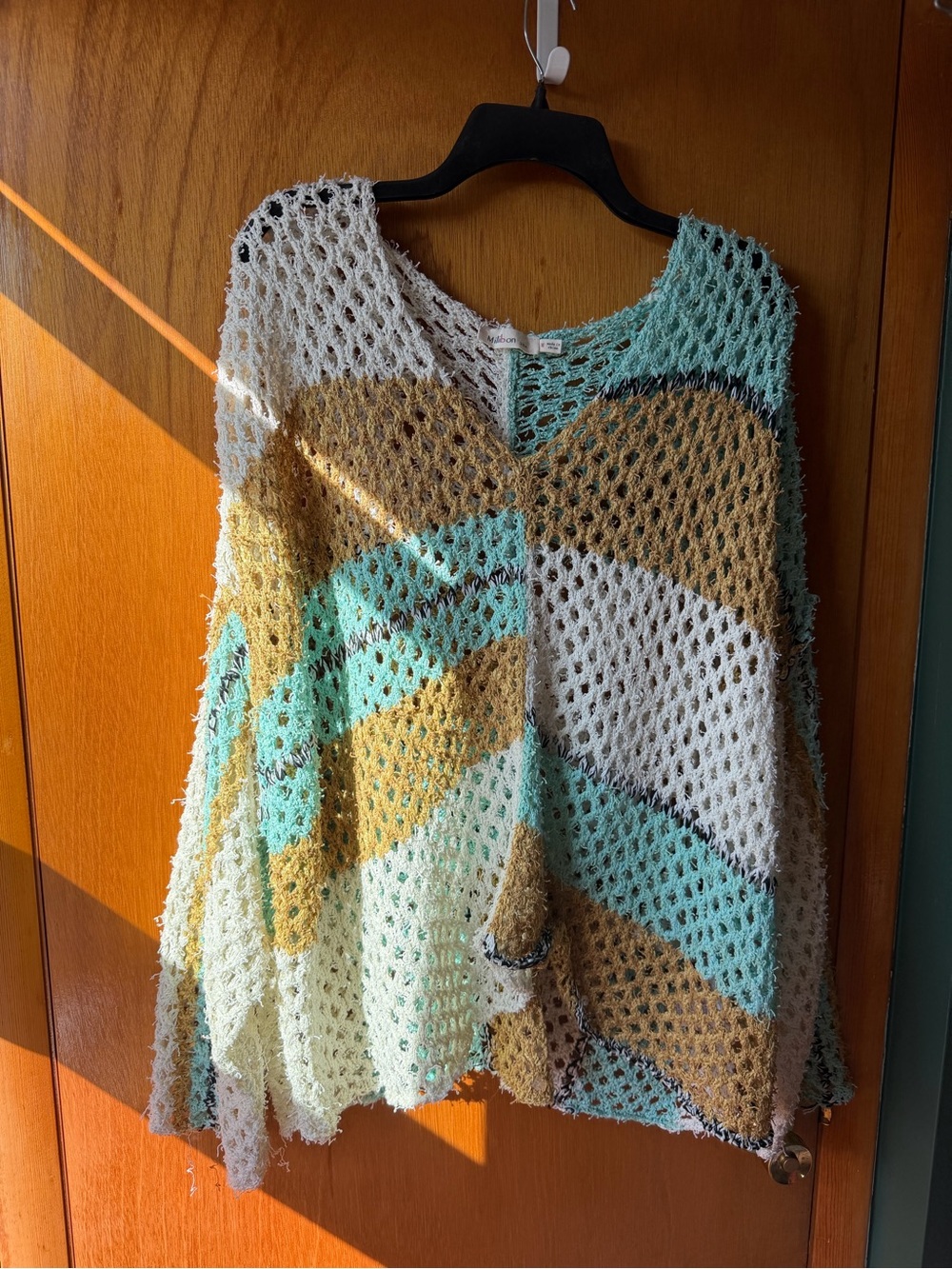 Millibon Open-Knit Striped V-Neck Sweater in Cream, Mint & Tan